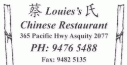 Louie's Chinese Restaurant Asquith Menu
