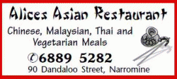 Alice's Asian Restaurant Narromine Menu