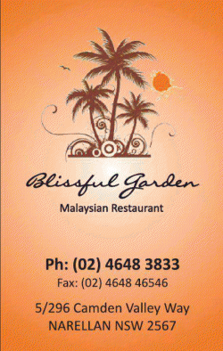 Blissful Garden Malaysian Restaurant Narellan Menu