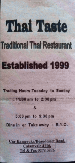 Thai Taste Restaurant Calamvale Menu
