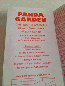 Panda Garden Chinese Restaurant Nowra Menu